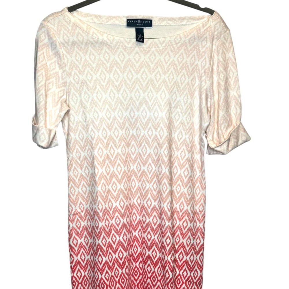 Karen Scott Sport Aztec Midi Dress Pink Diamond Ombre Boat Neck Dress, Sz Small